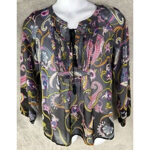Melissa Paige Medium‎ Black Floral Paisley Blouse Pleats Peasant Cottage Boho